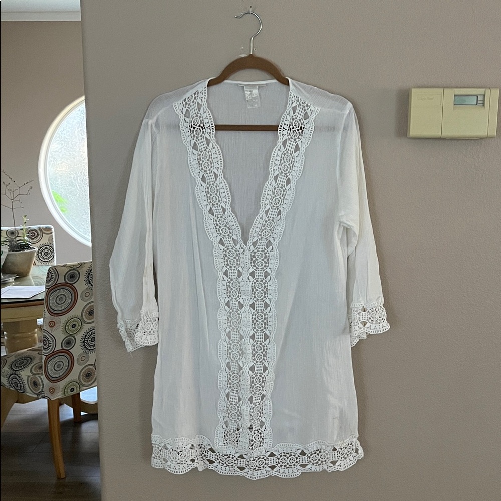 La Blanca White Island Fare Cover Up Crochet Trim Tunic Swimsuit - Picture 3 of 6